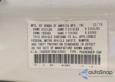2016 Honda Accord Ex z USA, uszkodzony, nr VIN 1HGCR2F78GA154920